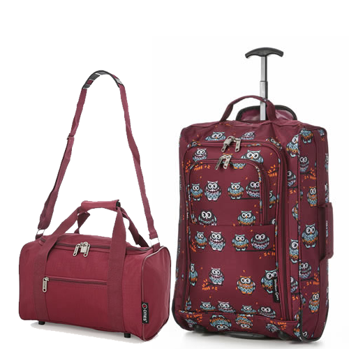 Travel Buddies 55x40x20cm & 35x20x20cm Cabin Bag Set Burgundy Owl